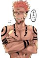 Sukuna from Jujutsu Kaisen, showcasing a confident expression and intricate tattoos on his muscular arms.