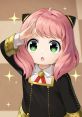 Anya Forger from Spy × Family, cutely saluting with sparkling eyes and pink hair in a stylish black outfit.