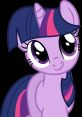 Twilight Sparkle, the purple unicorn from the cartoon "My Little Pony," with large expressive eyes and a cheerful smile.