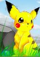 Cute Pikachu sitting in grass near a rock, with bright yellow fur and expressive eyes, set against a cloudy sky.