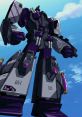 Powerful Transformers character in a striking purple and black design, showcasing robot features against a bright sky backdrop.