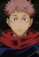 Yuji Itadori with spiky pink hair and a red cloak, looking determined in a dark, moody setting from the anime series.