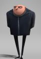 Gru from Minions stands gruffly in a black jacket, showcasing his signature scowl and distinctive character design.