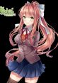 Monika from DDLC, featuring her signature long hair, green eyes, and school uniform, exudes confidence and charm.