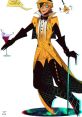 Bill Cipher, the iconic triangular character, styled in vibrant attire, holding a drink and exuding chaotic charm.