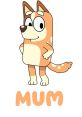 Chilli Heeler from Bluey, smiling and playful, with "MUM" text below, showcasing her loving character.