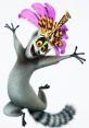 King Julien dances joyfully, wearing colorful feathers and a tribal crown, showcasing his playful and vibrant personality.