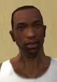 Close-up of Carl Johnson from GTA V, featuring his facial expression and signature style in a casual white tank top.