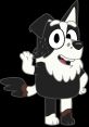 Mackenzie, the Bluey character, is a cheerful Border Collie with black and white fur and a friendly wave.