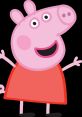 Peppa Pig, a cheerful cartoon character, happily waves in her signature red dress, embodying fun and adventure.