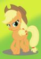 Applejack from My Little Pony, a friendly orange pony with a cowboy hat and blonde hair, set against a green backdrop.