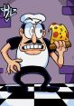 Peppino Spaghetti from Pizza Tower holds a slice of pizza, showcasing his playful expression in a colorful kitchen setting.