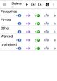 Mobile game library interface showing shelves for Favourites, Fiction, Other, Wanted, and Unshelved categories.