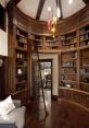 Elegant single library featuring rich wooden shelves, a cozy reading nook, and a stylish ladder for easy book access.