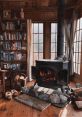 Cozy Stovetop Library scene with a wood-burning stove, stacked books, and a rustic, inviting atmosphere by large windows.