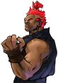 Akuma, iconic Street Fighter character, showcasing his powerful stance and fierce expression with fiery red hair.