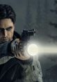 Alan Wake character aiming a flashlight and gun, capturing the suspenseful atmosphere of the psychological thriller game.