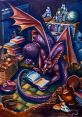 A purple dragon reading an ancient book amid treasures and books in a whimsical library environment.