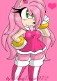 Playful illustration of Amy Rose with pink hair and green eyes, featured in a vibrant pink outfit and background.