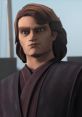 Anakin Skywalker with flowing hair and a serious expression, wearing Jedi robes in a scene from Star Wars: The Clone Wars.