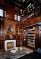 Elegant wooden floor library with rich wooden paneling, bookshelves, and a cozy seating area, creating a classic reading space.