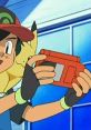 Ash Ketchum holding a Pokémon device with Pikachu in the background, showcasing excitement for Pokémon adventures.