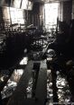 Devastated interior of a destroyed library, showcasing burned furniture and debris after a catastrophic fire incident.