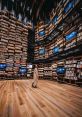 Modern Japanese library interior featuring towering wooden shelves filled with books and digital displays.