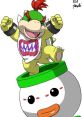 Bowser Jr. with a playful expression, wearing a bib, passionately riding a toy Bob-omb in a vibrant illustration.