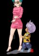 Bulma Briefs in stylish pink Moschino dress, paired with trendy sunglasses, walks alongside young Trunks in casual attire.