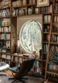 Cozy library corner with bookshelves, a comfortable chair, and a round window, perfect for relaxation and reading.