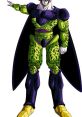 Cell Perfecto from Dragon Ball, showcasing his iconic green and black armor, striking a powerful pose with a cape.