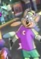 Chuck E. Cheese character in vibrant 2000s attire, welcoming guests in a playful arcade setting filled with fun.