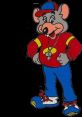 Chuck E. Cheese, animated character by Duncan Brannan, wearing a red shirt and cap, promoting fun and games for kids.