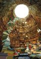 Surreal library with towering shelves, swirling books, and a bright circular skylight, creating a dreamlike atmosphere.