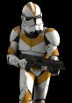 Clone Trooper in battle-ready stance, featuring distinctive orange markings and holding a blaster rifle.