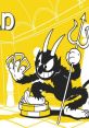 Cuphead Announcer character posing with playing cards and a trident on a vibrant yellow background. Iconic gaming figure.