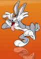 Bugs Bunny joyfully expressing excitement, with a playful demeanor and vibrant orange background, iconic cartoon character.