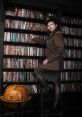 Officer in uniform poses in a vintage library setting, showcasing books and a classic globe, embodying knowledge and authority.