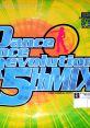 Colorful graphic featuring "Dance Dance Revolution 5th Mix" logo, iconic dance game by Konami from 2001, vibrant design.