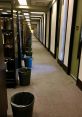 Library corridor lined with shelves, featuring trash bins for waste disposal, enhancing cleanliness and organization.