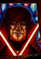 Darth Sidious in a striking red robe, intense gaze, surrounded by vibrant blue patterns and wielding lightsabers.