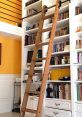 Stylish wooden ladder against a white bookshelf, enhancing the beauty of a rolling library with colorful books.