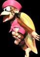 Dixie Kong from Donkey Kong Country, animated character with a vibrant personality and distinctive pink outfit, soaring joyfully.