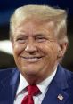 Donald Trump smiles at a rally, wearing a suit with a red tie and an American flag pin, showcasing his charismatic presence.