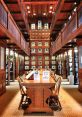 Historic Cranes Library interior featuring wooden architecture, stained glass, and a large communal table for reading.