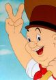 Elmer Fudd, cheerful character with a top hat, giving a peace sign in a bright cartoon setting. Iconic animated figure.