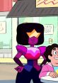 Garnet from Steven Universe poses confidently with Steven, showcasing her iconic style and vibrant colors in a café setting.