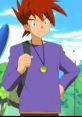 Gary Oak, a Pokémon trainer, stands confidently in a purple shirt, holding a bag, with a vibrant outdoor backdrop.