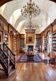 Elegant library with wooden decor, featuring a chandelier, rich flooring, and shelves of books, creating a cozy reading space.